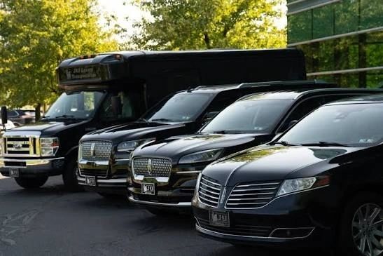 Luxury black sedan fleet row outdoors