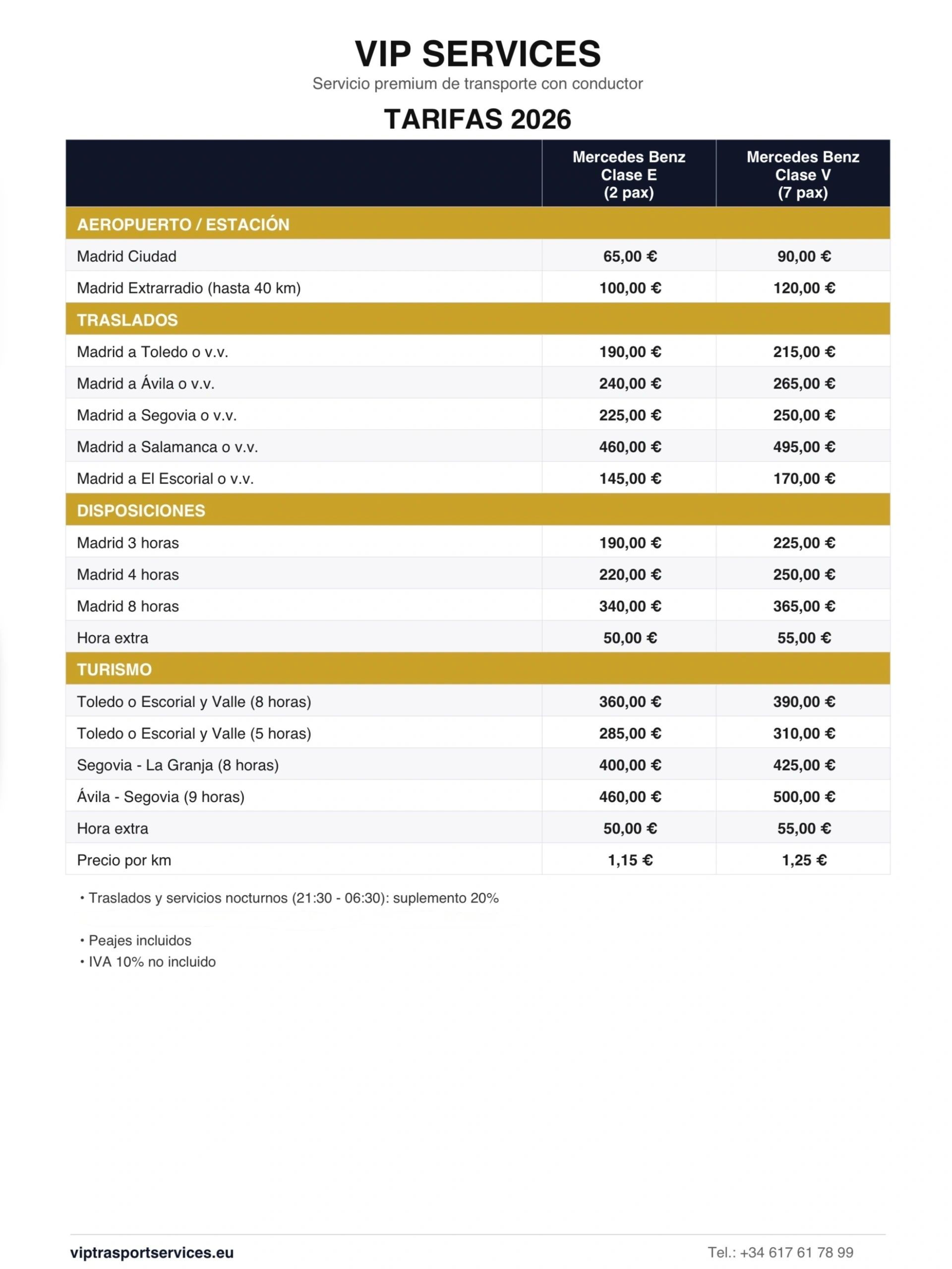 VIP Services Standard Rates 2026 tariff sheet
